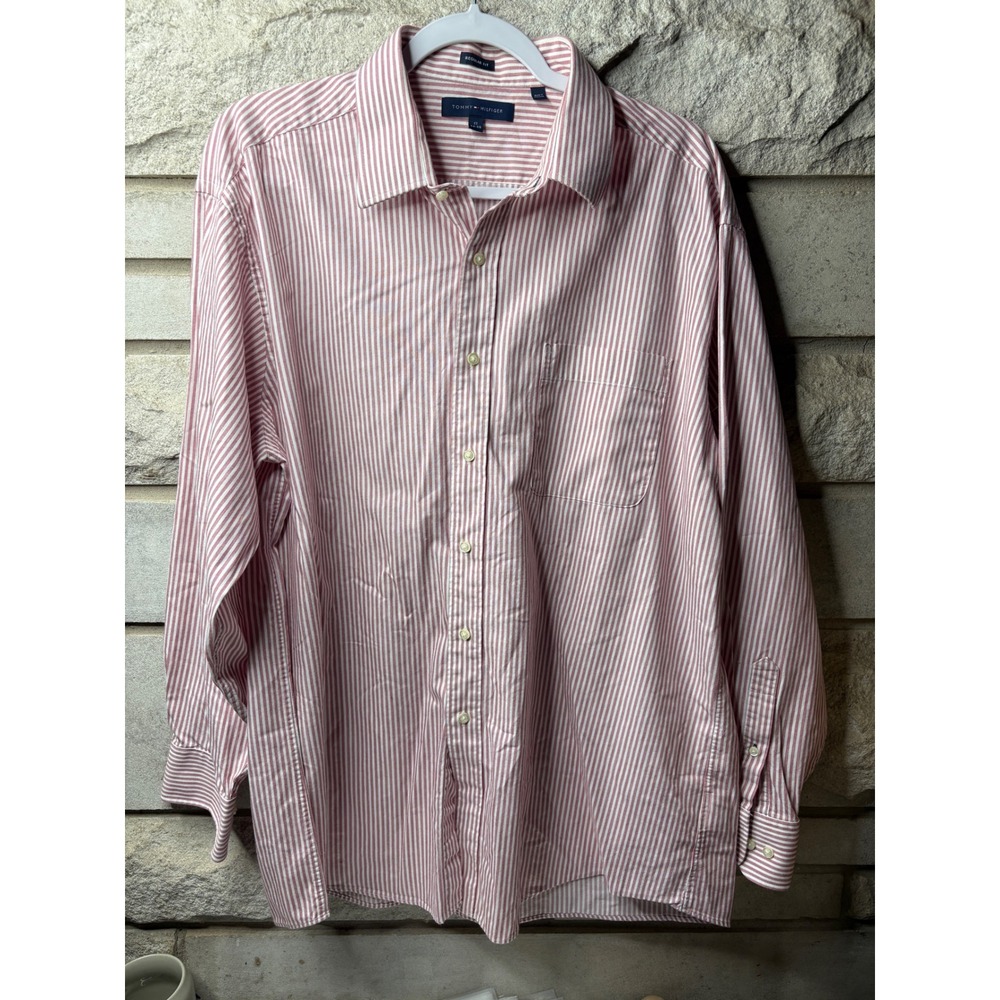 Tommy Hilfiger Mens Regular Fit Striped Button Down Shirt Red White 17 34-35